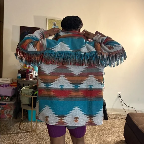 Southwestern Aztec Fringe Jacket | Oversized Tribal Print Shacket Coat - Picture 7 of 7
